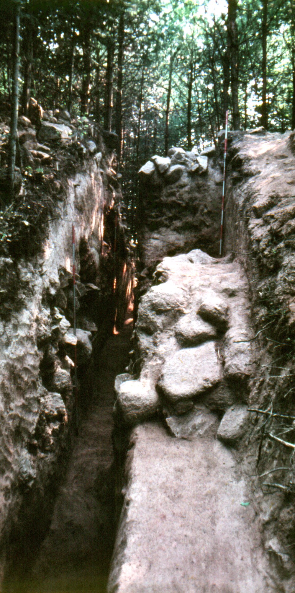 Sonda XXIV/89 protínající mladší hradbu (vzadu) a kamennou destrukci starší dřevitohlinité hradby s čelní opěrnou stěnou z mohutných kamenů (3. val). Pohled od severu.