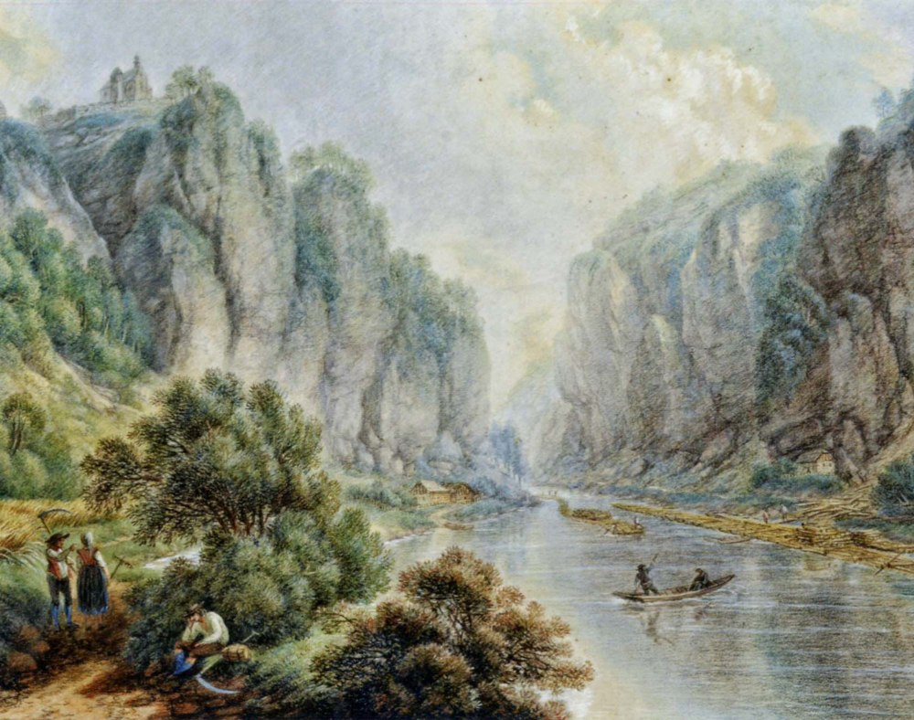 Říční údolí v roce 1804. Hradiště se nachází na levém břehu na skále s kostelem. Autor Ferdinand Runk (podle Havlová 2014).